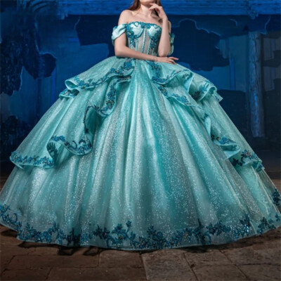 Ice Blue Sparkle Sweet 16 Dress Corset Floral Lace Applique Quinceanera  Dresses | eBay