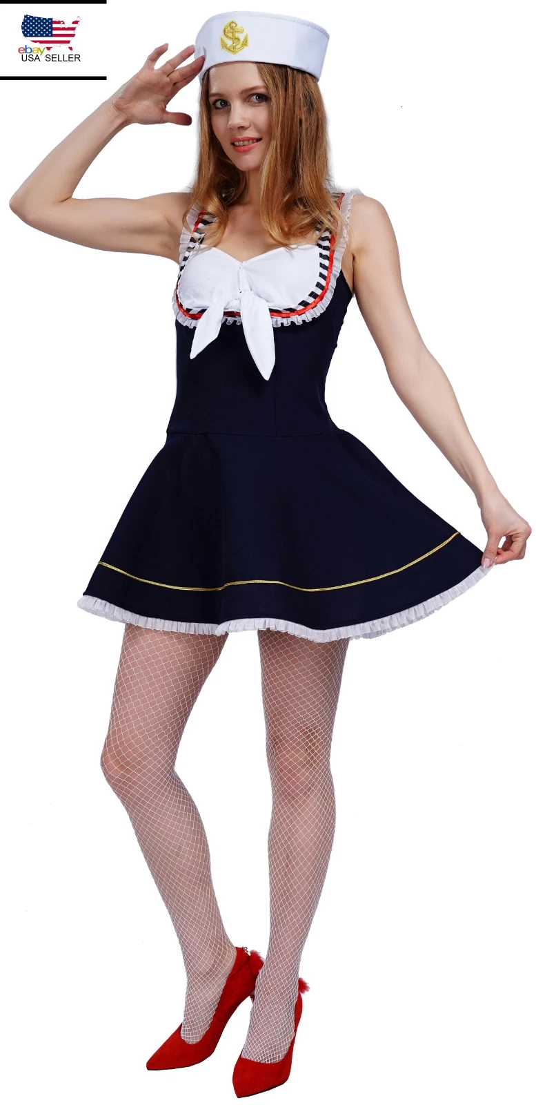 Blue Sailor Dress White Anchor Hat Women Halloween Costume