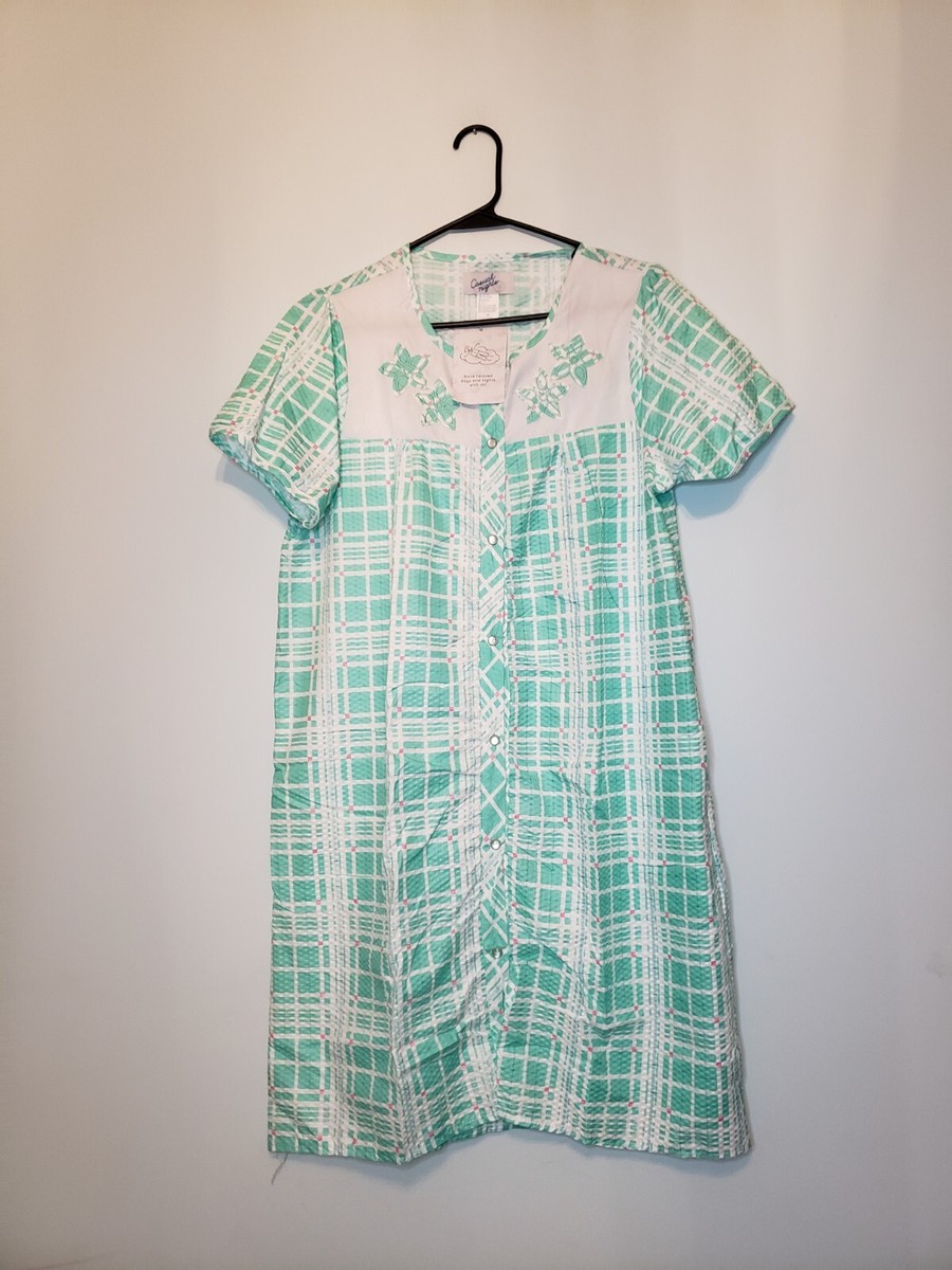 Casual Nights Womens M House Dress Short Sleeve Pearl Snap Front Green  Plaid NWT
