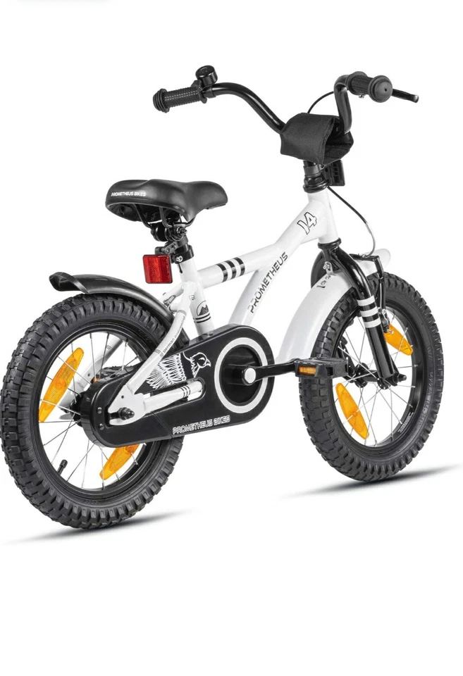 PROMETHEUS BICYCLES Kinderfahrrad 14 Zoll in Weiss mit Schubstange, Licht, Korbe
