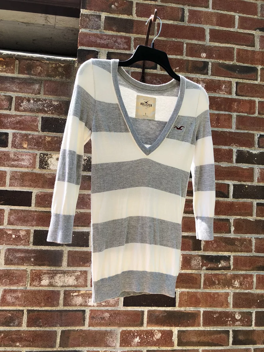 Hollister Striped V-Neck Sweater Long 3/4 Sleeves Juniors Small S White Grey