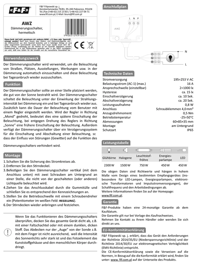 Dämmerung Schalter m.Licht Sensor Lichtsensor Dämmerungssautomat AWZ F&F 104 - Bild 3 von 3