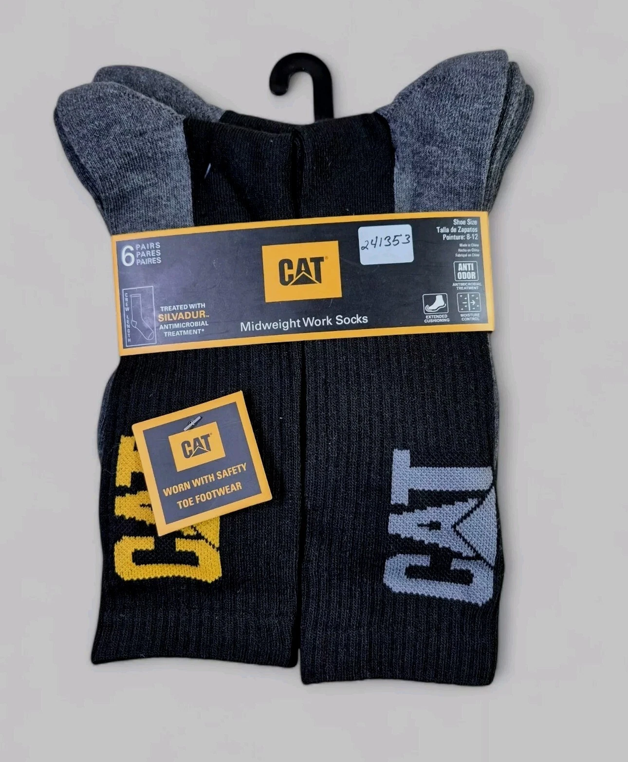 CATERPILLAR Mens Crew Socks Mid-Weight Boot Cushion 6 Pair Shoe Size 8-12 Black
