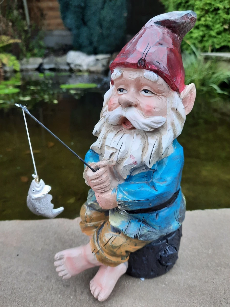 Garden Gnome Fishing & Rod + Fish on LOG 23cm Novelty Gift Present -  FATHERS DAY