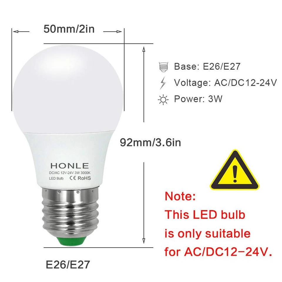 E26 12V 24V LED Light Bulbs 3W Low Voltage Warm White 3000K E27 Edison Standa... - Image 2 of 4