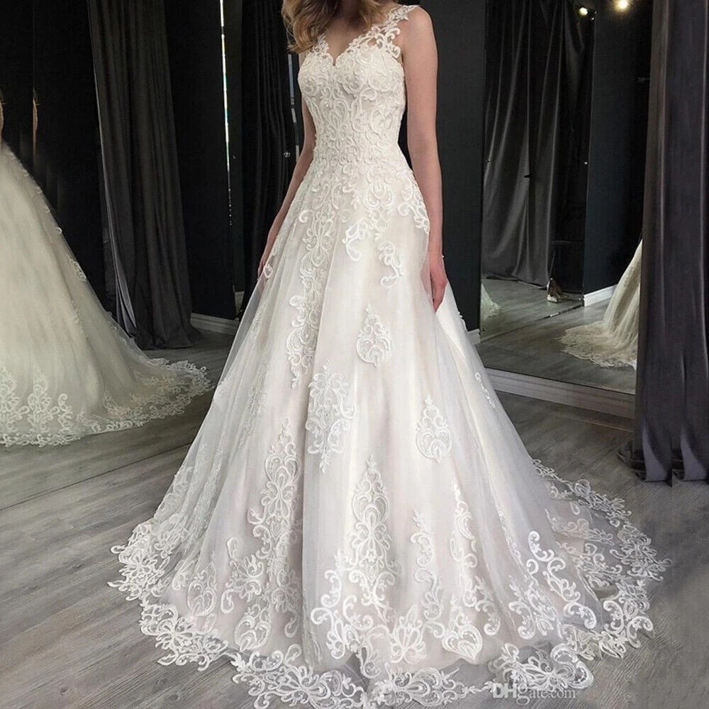 Lace Wedding Dress V Neck Appliques A Line Sleeveless Wedding Gowns Sweep  Train | eBay
