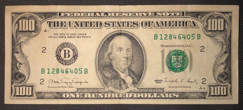 Rare 1990 One Hundred Dollar Bill - Small Face Note $100 United States Federal