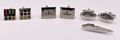 3 Sets Silver Tone Cufflinks Anchor Multicolored + 1 Tie Clip ''Shields Pat Pend''