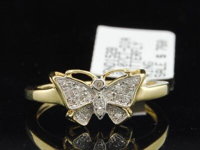 Damen 10K Gelbgold Schmetterling Diamant Verlobungsring Ehering Braut Set