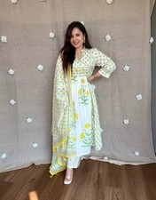 Indian Women Cotton Angrakha Kurta Set Bollywood Designer Kurti Pant Dupatta Set