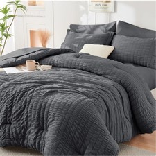 Romantic Dark Grey Seersucker 7-Piece Comforter Set for California King Beds