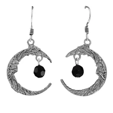 CRESCENT MAN IN THE MOON Earrings - Pewter Pair Round Black Crystal Accents Gift