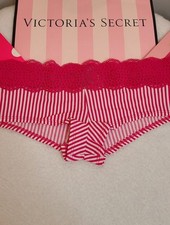 VTG Victoria's Secret Silky Satin Logo Lace Hiphugger Panty M Iconic Stripe