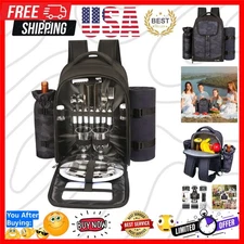 Durable Two-Person Picnic Backpack with Wine Holder & Cutlery Set - Modern Grey