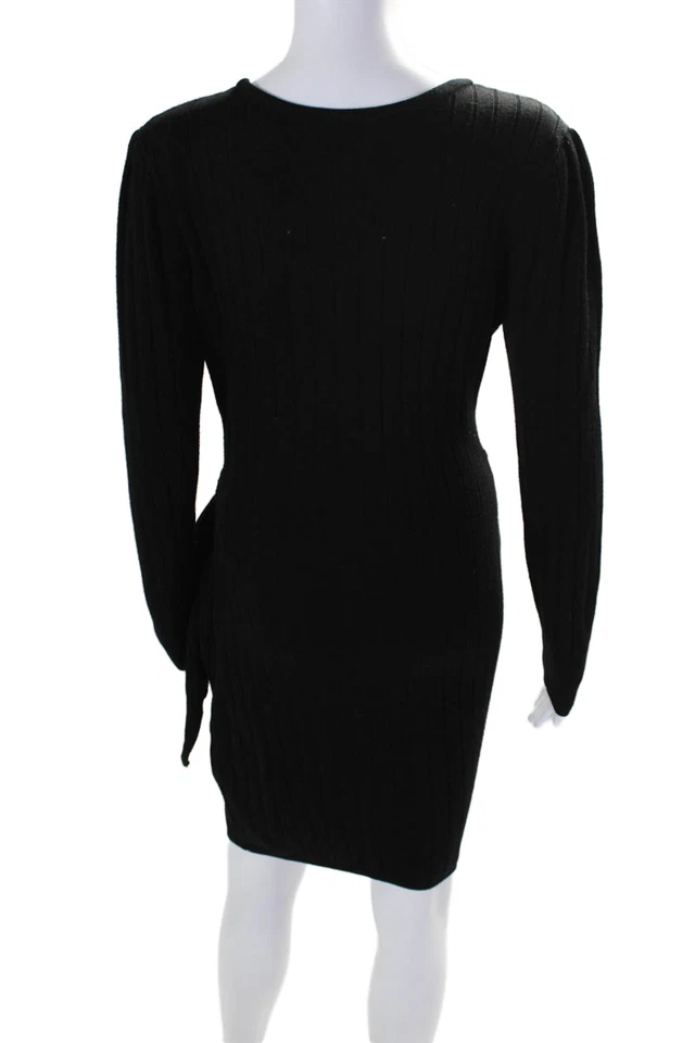 Vestido Suéter Milly Para Mujer Lana Acanalado Texturizado Cinturón Drapeado Envolvente Negro Talla M Foto 3 de 4