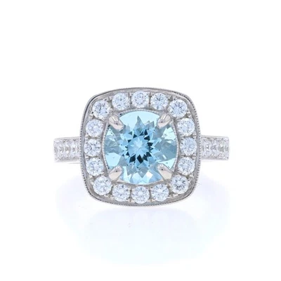 Or Blanc Aigue-Marine Bague Diamant Halo 14k Rond Portugais 2.54ctw Fiançailles - Photo 1/4