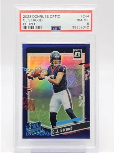 C.J. STROUD 2023 DONRUSS OPTIC RATED ROOKIE PURPLE PRIZM RC /50 PSA 8 Q0004