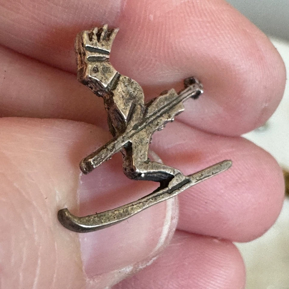 Vtg Kokopelli Skiing Pewter Style Pin Tribal Southwest Skier Figure Tie Tack - Image 2 of 3