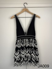 Lovers + Friends Dress S Black White Embroidered Tiered Mini Deep V 