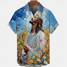 Easter Men's Floral Print Jesus Flowers Shirt Casual Shirt Button Up Shirt Short