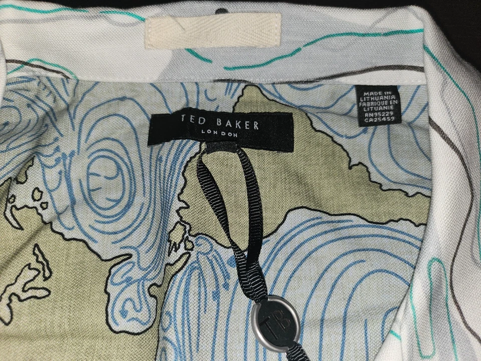 Camisa Ted Baker Hombres Estampado Briary Wave Blanca Mezcla de Lino Talla 7 Nueva Con Etiquetas Foto 4 de 4
