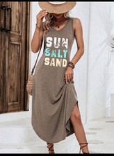 Shein VCAY Women's Sun Salt Sand Beach Graphic Brown Tank Maxi Dress Size Large