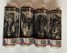 Gozilla Pabst blue ribbon Set of 4 cans.  Godzilla, Mothra, Mecha, Ghidorah
