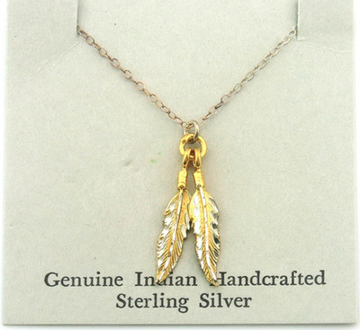 Navajo Feather Necklace Sterling Silver & Gold Vintage Handmade