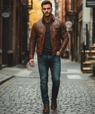 Mens Motorcycle Cafe Racer  Brown Biker Real Leather Jacket [USA duty paid]