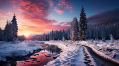 Wandbild: Eine verschneite Straße mit Bäumen und einem bunten Himmel. [...]