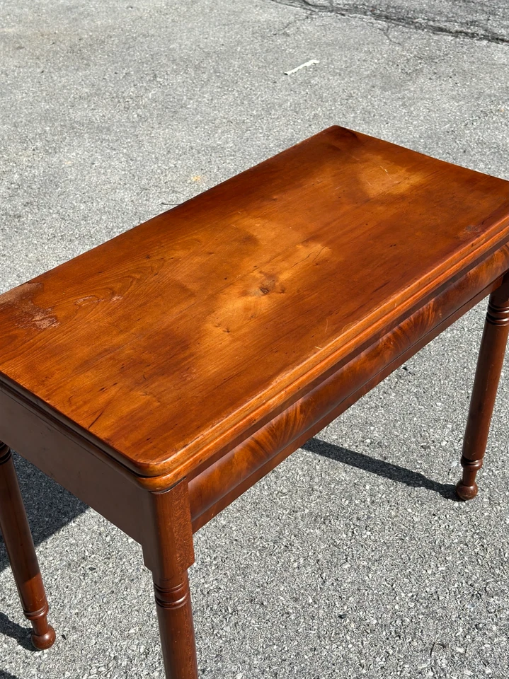 Antigua mesa de cartas de juego Sheraton cereza y caoba 1830 fina Foto 3 de 4