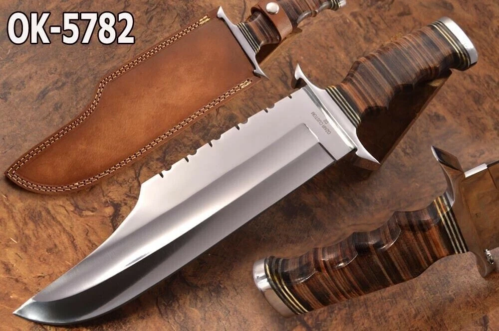 FIF HANDMADE D-2 TOOL STEEL STACKED LEATHER BIG BOWIE HUNTING KNIFE WITH SHEATH