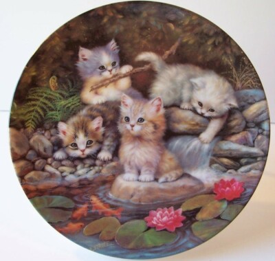 Kahla Germany By the Lily Pond Kitten Expedition Plate #1 Cat Goldfish Waterfall
