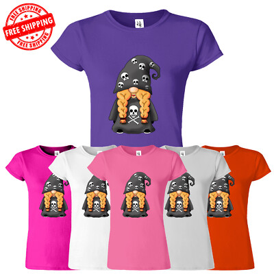 American Skull Gnomes Women TShirt Funny Halloween Horror Christmas USA Gift Tee