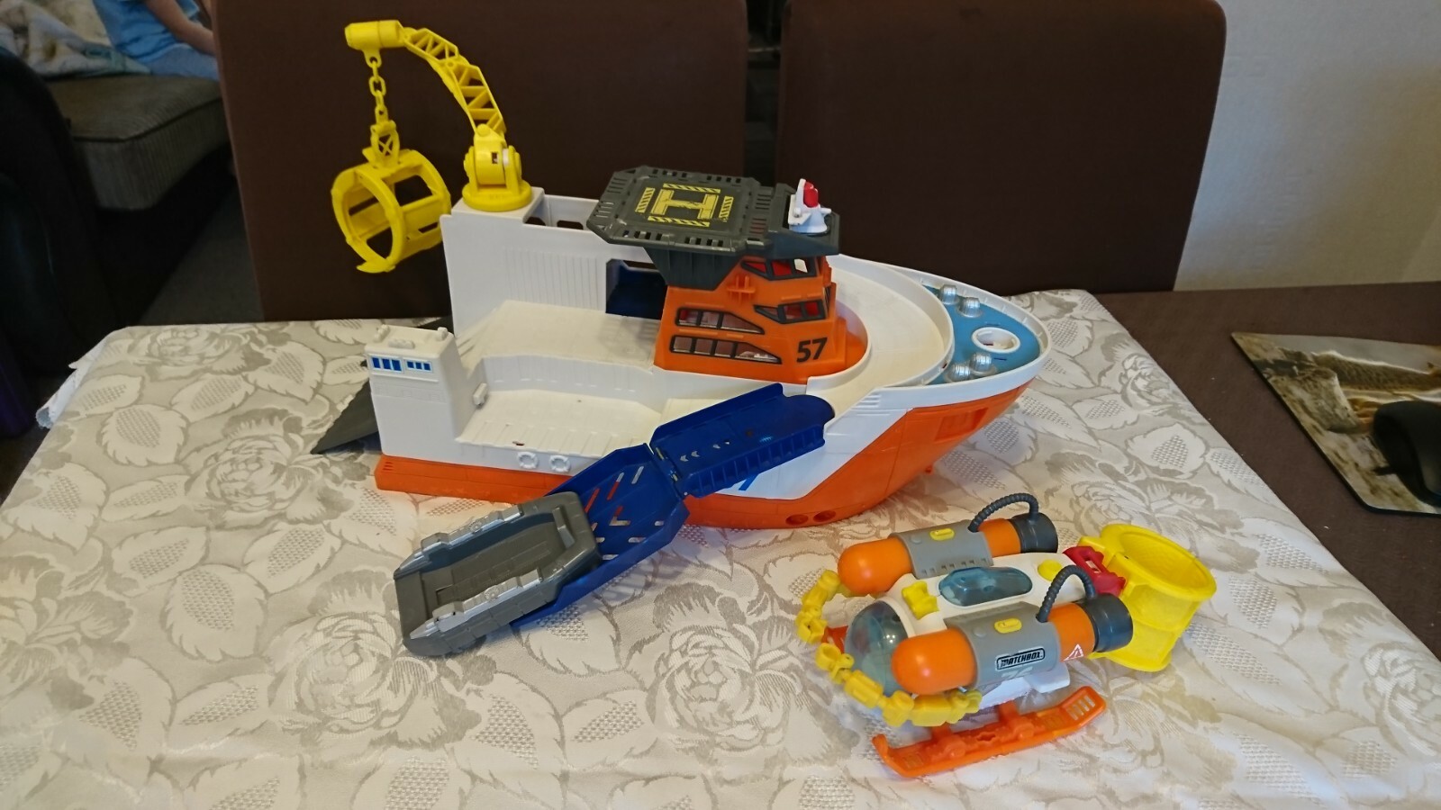 matchbox shark ship floats in water and rescue on land