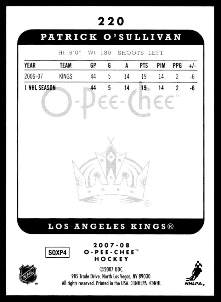 2007-08 O-Pee-Chee MICROMOTION Patrick O'Sullivan Los Angeles Kings #220 R18 - Image 2 of 2