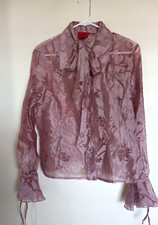 JS Collection Mauve sheer LS ribbon crisscross design stretch evening blouse 12