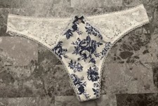 NWT BODY BY VICTORIA'S SECRET WHITE NAVY BLUE FLORAL LACE BOW THONG PANTIES