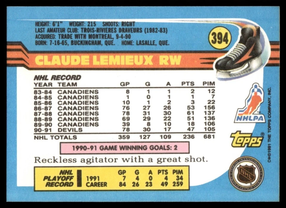 1991-92 Topps #394 Claude Lemieux New Jersey Devils - Image 2 of 2