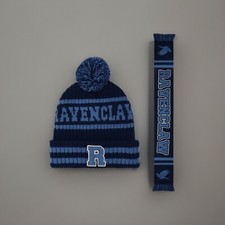 Harry Potter Ravenclaw Logo Knit Cuff Pom Beanie Hat Cap and Scarf Set 2 Piece