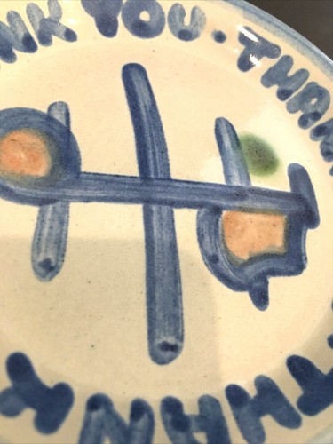 MA Hadley Plate Thank You White Blue Small Gift Handpainted Pottery 4" Vintage - Picture 2 of 5