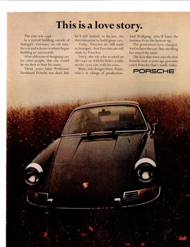 Grünes Porsche Automobil 1970 Printanzeige ~ This is a Love Story ~ Stuttgart Germany