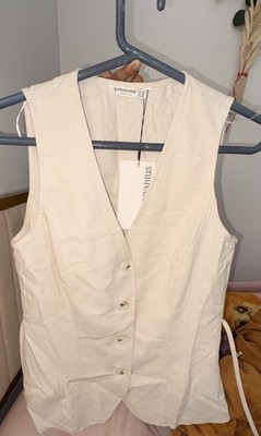 Stradivarius Women's Beige Linen V-Neck Sleeveless Button Front Vest Top M