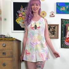 Vintage Floral Lingerie Romper, Sz M Pastel Tropical Print Step In Teddy