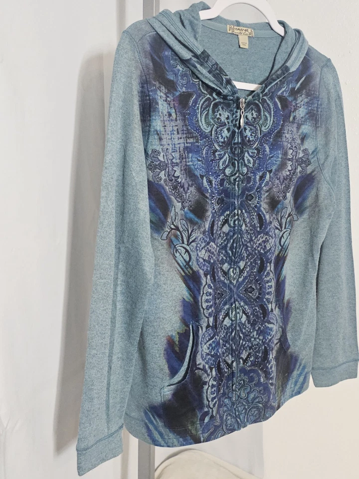 Женская толстовка с капюшоном One World Live and Let Live размер L бирюзовая на молнии с украшениями - Изображение 3 из 4