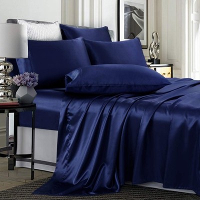 Navy Blue Satin Bed Linen Set King Size Silky Soft Cooling Sheets 15 Pocket