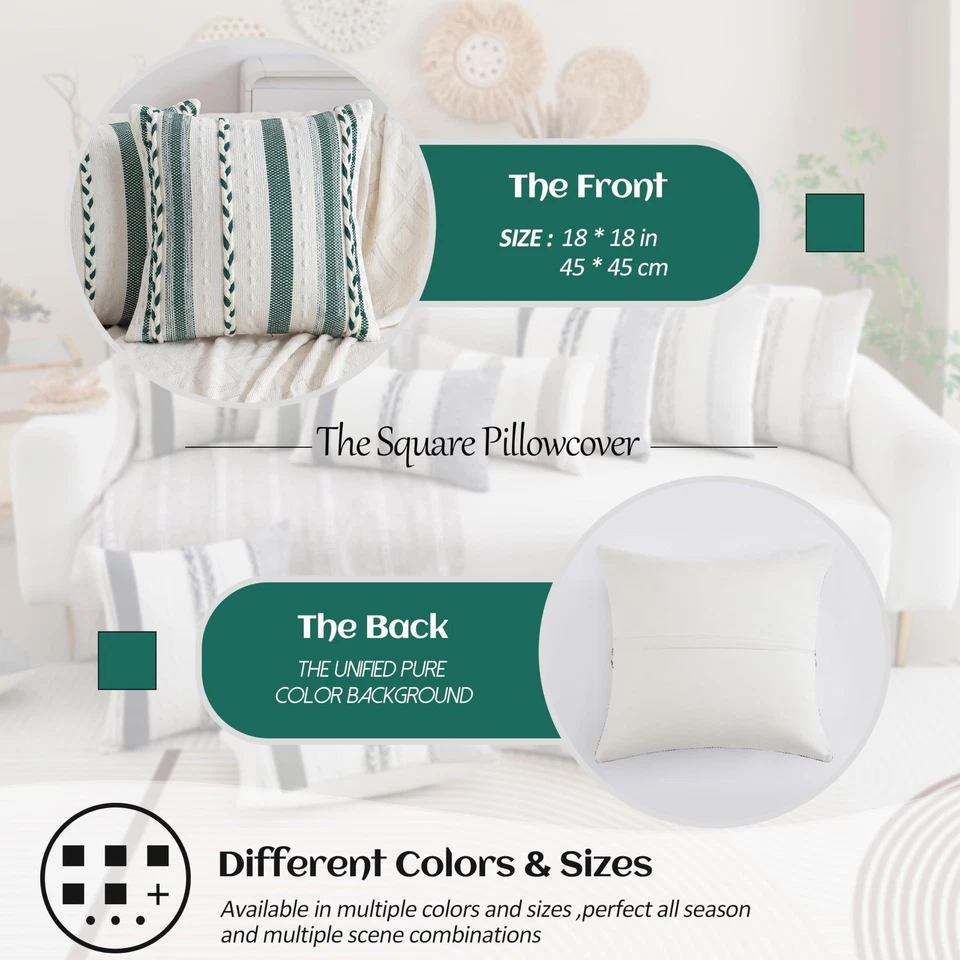 Boho Sage Green Striped Pillow Covers Set of 2-20x20 Inch Farmhouse Coastal D... - Image 4 of 4