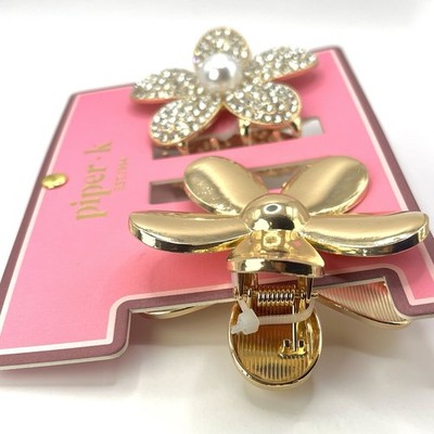 Piper K Gold Flower Hair Claw Clips Set Rhinestone Pearl  display picture 2