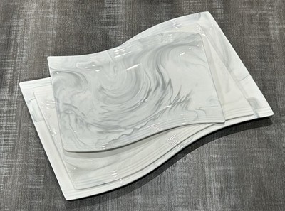 3 Malacasa Flora Marble Grey Wave Serving Platters 15  13  11  Set Open Box HTF