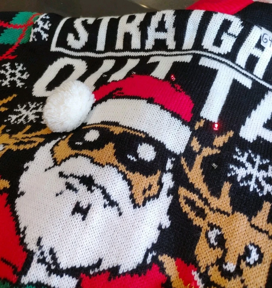 Mens M Straight Outa North Pole Santa Light Up Christmas Holiday Sweater Bells - Image 2 of 4